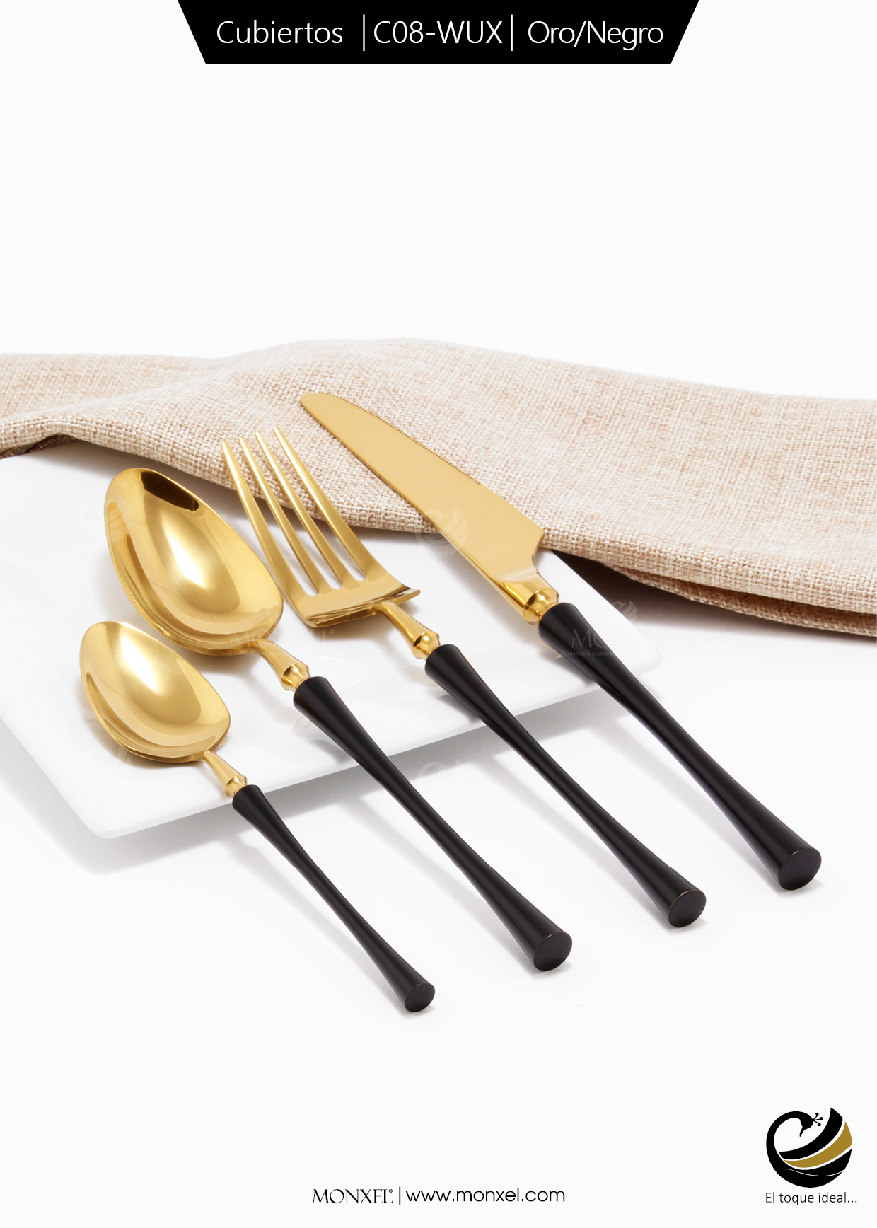 Cubiertos C08-WUX Oro/Negro Set 4pz (Acero Inoxidable)