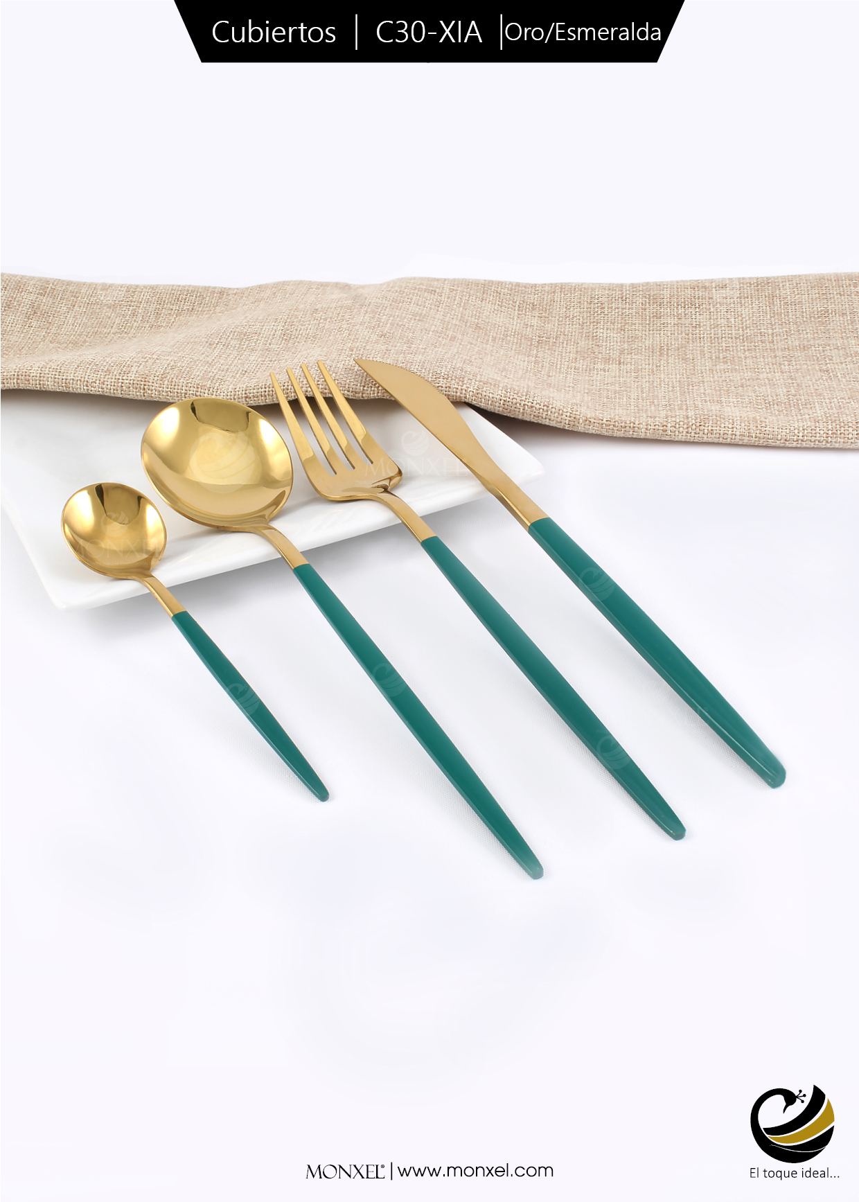 Cubiertos C30-XIA Oro/Esmeralda Set 4pz (Acero Inoxidable)